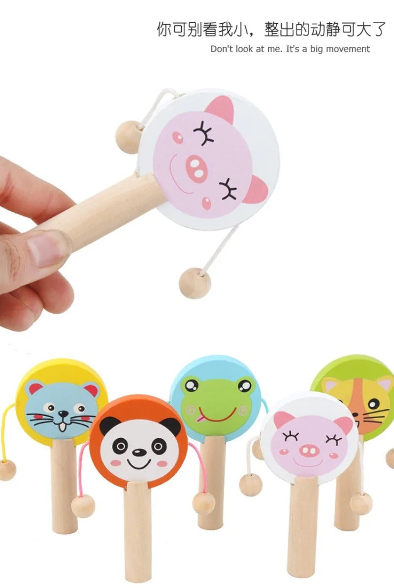 Kids Cartoon Wooden Drum-shaped Rattle Clapping Castanets Board for Baby Musical Instrument Preschool Early Educational Toys